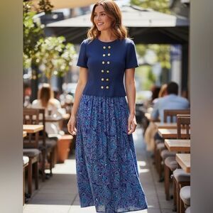 VINTAGE - Leslie Faye 2 Piece Blue Jacket with Pleated Skirt & Scarf- Size 10P